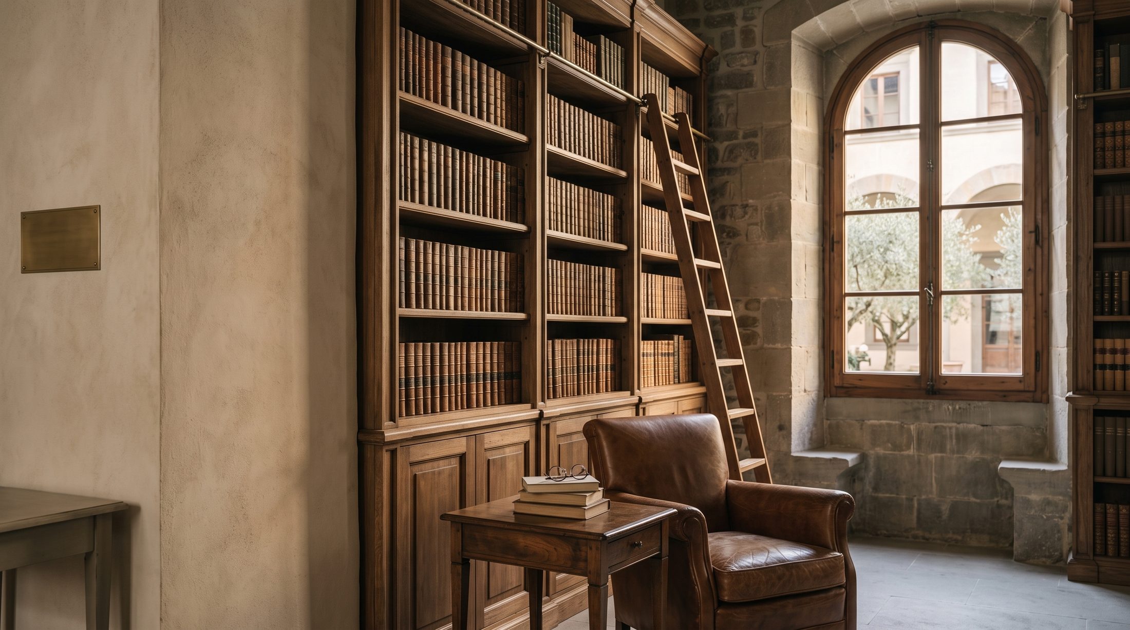 L'angolo di lettura della biblioteca di un palazzo fiorentino: scaffali in noce, una scala di legno, una poltrona in pelle e una finestra ad arco sul chiostro.