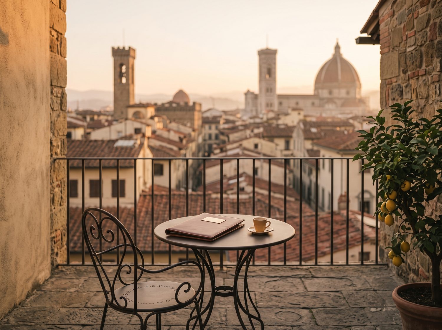 La terrazza di un albergo sui tetti di Firenze al tramonto: un tavolino, una cartella di pelle e un caffè.
