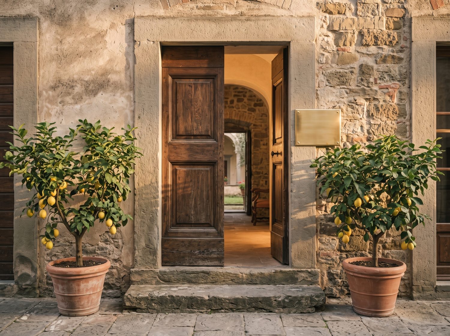 L'ingresso di un piccolo albergo toscano al tramonto: il portone socchiuso, una targa d'ottone e due limoni in vaso.