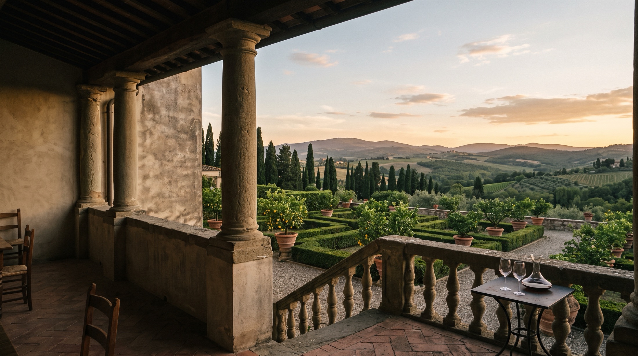 La loggia di una villa-albergo toscana al tramonto: colonne in pietra, la balaustra, un giardino all'italiana con siepi e limoni, i cipressi e le colline nella luce dorata.