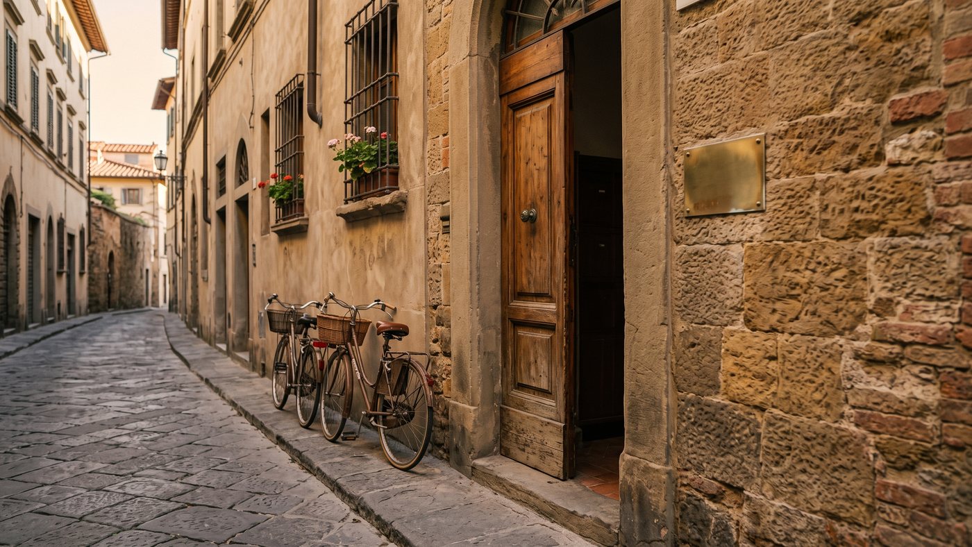 Una via di città italiana al mattino, con un portone in legno, una targa d'ottone e due biciclette.