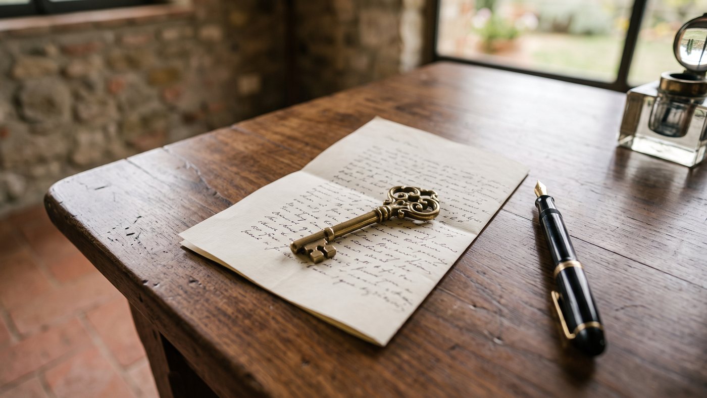 Una chiave d'ottone appoggiata su una lettera scritta a mano, con una penna stilografica accanto.