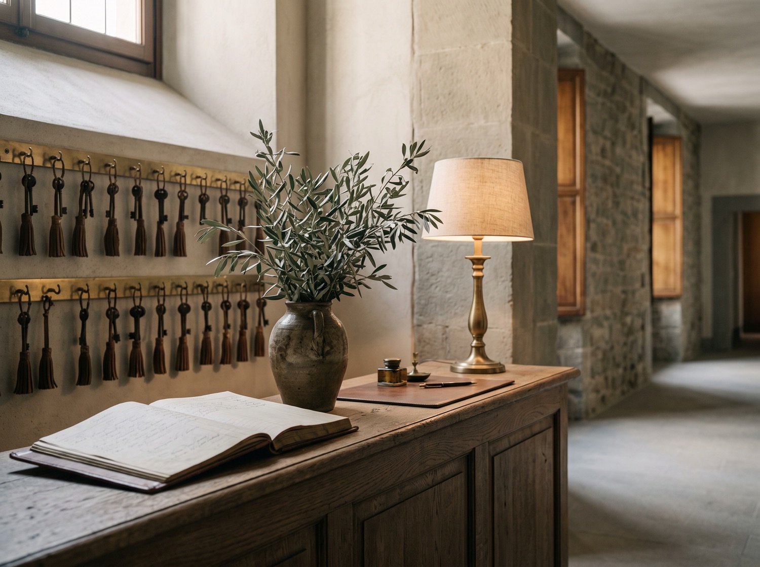 Il banco di ricevimento di un piccolo albergo al mattino presto: bancone in rovere, rastrelliera di chiavi in ottone, un registro aperto e una lampada accesa.