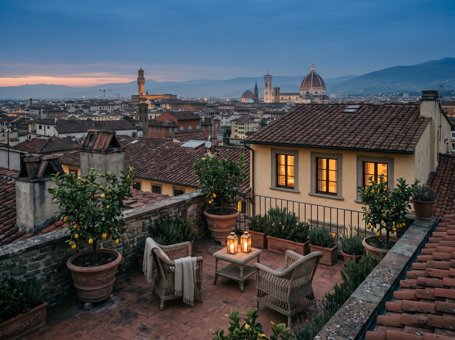 La terrazza di un piccolo albergo fiorentino all'ora blu: pavimento in cotto, poltroncine in vimini, lanterne accese e i tetti della città con la cupola sullo sfondo.