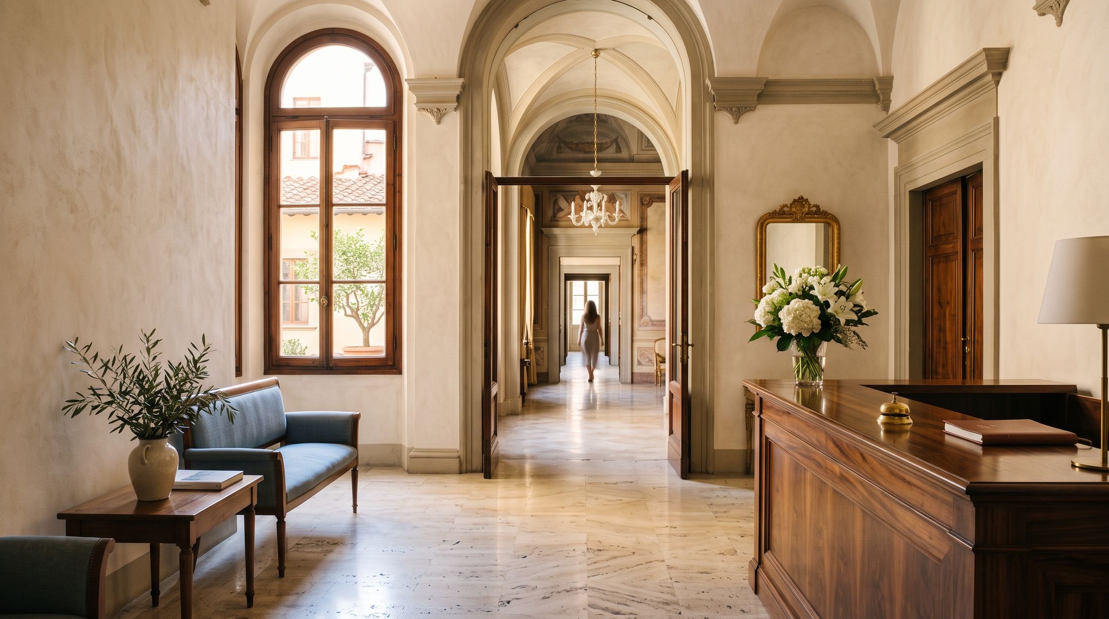 Ingresso di un albergo storico fiorentino di mattina: finestre ad arco, pavimento in marmo chiaro, divano azzurro a sinistra, banco di ricevimento in noce con campanello d'ottone e fiori bianchi a destra, specchio dorato e, in fondo alla lunga fuga di stanze, una donna che cammina.